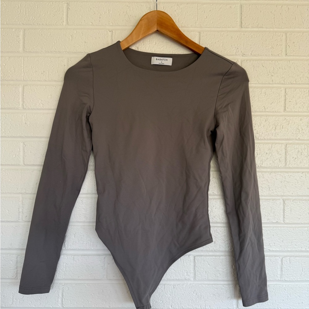Babaton Asymmetrical Gray Long Sleeve Bodysuit